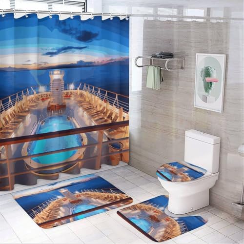 BVNMT Pool Party Kreuzfahrtschiff 4-teiliges Badezimmer Duschvorhang Set Duschvorhang Teppich Toilettensitzbezug Wasserdicht und rutschfest von BVNMT
