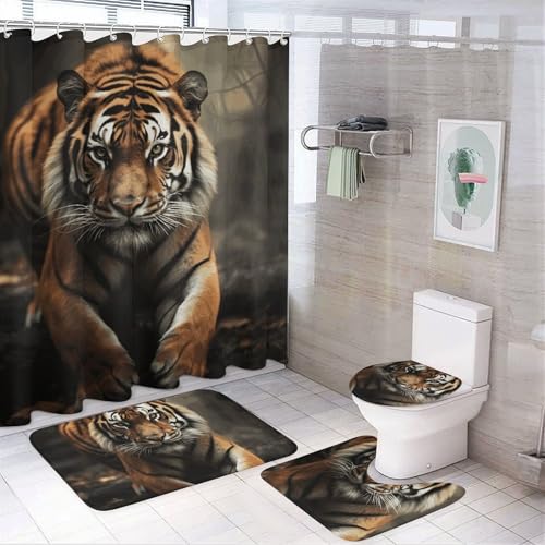 BVNMT Wilde Tiere Tiger 4-teiliges Badezimmer Duschvorhang Set:Duschvorhang, Teppich und Toilettensitzbezug, wasserdicht und rutschfest von BVNMT