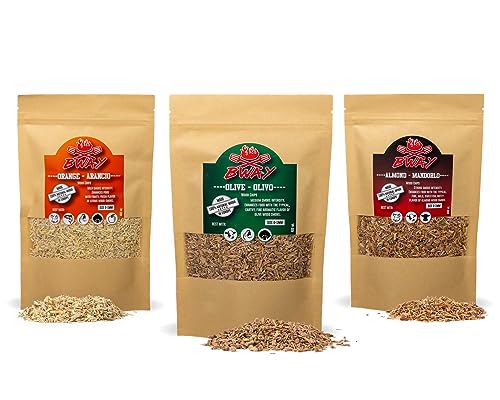BWAY Kitchen Smoker Holz - Olive, Orange und Mandel Räucherholz | Edle Holzmischung | Räucher Chunks + Kostenloses E-Book mit 20 Rezepten um Ihre kulinarischen Fähigkeiten zu Verfeinern (3x400 ml) von BWAY