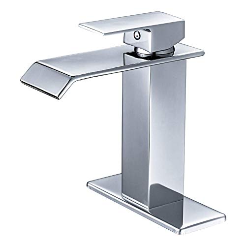 BWE Badezimmer Wasserhahn Chrom Modern Wasserfall Einloch Waschbecken Wasserhahn Teile Auslauf Bad Toilette Waschtisch und Versorgungsschlauch Einhandgriff Quadrat von BWE