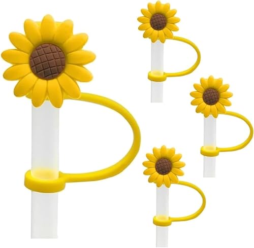 4 x gelbe Sonnenblumen-Strohhalm-Stöpsel, wiederverwendbar, spritzwassergeschützt, Küchenutensilien, Silikon-Becher-Zubehör, Trinkstaubkappe, wiederverwendbare Spitzen, Deckel, Trinkspender von BWESOO