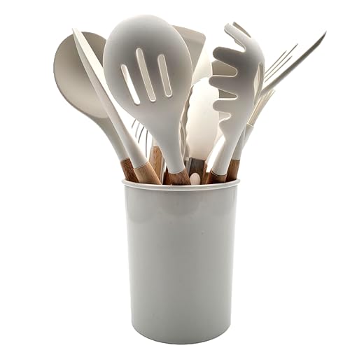 BWG Kochbesteck Set plus Behälter, Kochutensilien Set, Küchenhelfer Set aus hochwertigem Silikon, Griffe in elegantem Design, hitzebeständig. (Holz, Weiss) von BWG