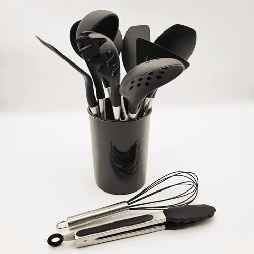 BWG Premium Küchenhelfer Set Edelstahl - Silikon12-teilig, Kochbesteck, Kochutensilien, Set aus hochwertigem Silikon in Schwarz, Griffe in elegantem Design, hitzebeständig. von BWG
