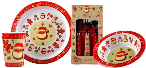 Weihnachtsmann-Geschirrset für Kinder, aus Melamin, Teller, Schüssel, Tasse, Metallbesteck von BWG