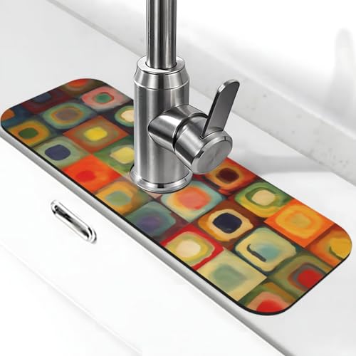 Abstrakte Art Quadrate, Wasserhahnmatte für Küchenspüle, Spritzschutz, 14 x 38 cm, Kieselgur, schnell trocknende Matte, Waschbeckenablage, super saugfähiger Wasserhahn-Saugnapf, Wasserhahngriff Abstrakte Art Quadrate, Wasserhahnmatte für Küchenspüle, Spritzschutz, 14 x 38 cm, Kieselgur, schnell trocknende Matte, Waschbeckenablage, super saugfähiger Wasserhahn-Saugnapf, Wasserhahngriff von BWLHJKE