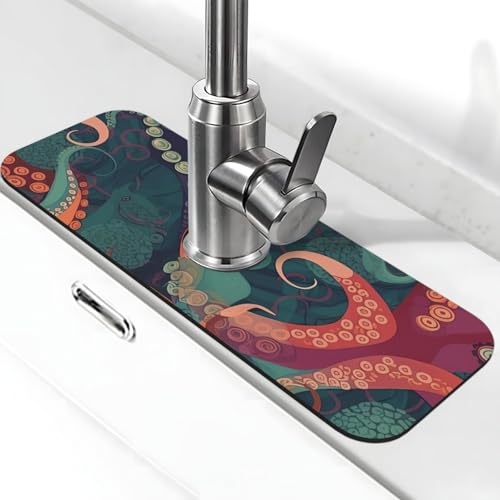 Abstrakte Oktopus-Wasserhahnmatte für Küchenspüle, Spritzschutz, 14 x 38 cm, Diatomit, schnell trocknende Matte, Waschbeckenablage, super saugfähiger Wasserhahn-Saugnapf, Wasserhahngriff, Tropffänger von BWLHJKE