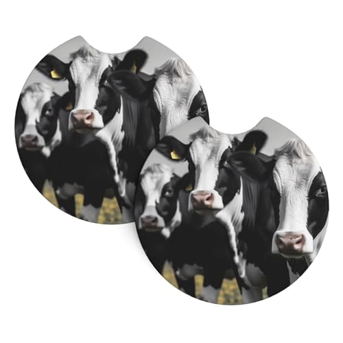 Auto-Getränkehalter-Untersetzer, schwarz-weiße Kühe, Auto-Untersetzer für Getränkehalter, saugfähige Getränkeuntersetzer, Auto-Bechermatten mit Fingerkerbe, universal, rutschfest, Auto-Innenzubehör, 2 von BWLHJKE