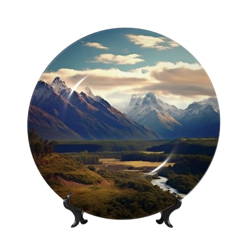 BWLHJKE Cook National Park Berglandschaft Knochenporzellan Dekorativer Teller mit Bild, personalisierte Porzellan-Speiseteller mit Präsentationsständer, Keramik-Deko-Teller zum Aufhängen an der Wand von BWLHJKE