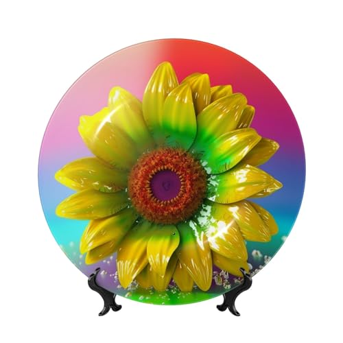 BWLHJKE Dekorativer 3D-Teller aus Knochenporzellan mit Bild, bunte Sonnenblumen, mit Bild, personalisierbar, Porzellanteller mit Präsentationsständer, dekorative Keramikplatte zum Aufhängen, Ornament von BWLHJKE