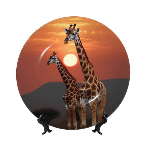 BWLHJKE Dekorativer Teller aus Knochenporzellan, Giraffe bei Sonnenuntergang, personalisierbar, Porzellanteller mit Präsentationsständer, dekorative Keramikplatte zum Aufhängen, Ornament, 15,2 cm von BWLHJKE
