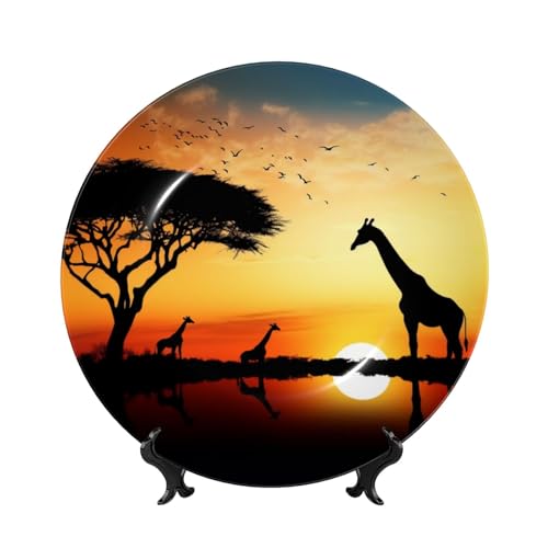 BWLHJKE Dekorativer Teller aus Knochenporzellan, Giraffen-Sonnenuntergang, mit Bild, personalisierbar, Porzellan-Speiseteller mit Präsentationsständer, Keramik-Dekoteller für Wandbehang, Ornament von BWLHJKE