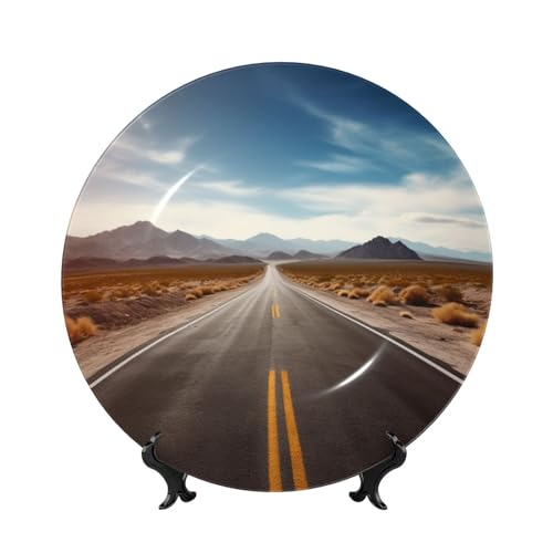BWLHJKE Dekorativer Teller aus Knochenporzellan, Wüstenlandschaft, Highway, mit Bild, personalisierbar, Porzellanteller mit Präsentationsständer, dekorative Keramikplatte zum Aufhängen, Ornament, 15,2 von BWLHJKE