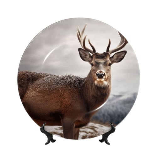 BWLHJKE Dekorativer Teller aus Knochenporzellan mit Bild, Motiv: Wildtiere, Hirsch, personalisierbar, mit Präsentationsständer, Keramik-Dekoteller für Wandbehang, Ornament, 20,3 cm von BWLHJKE