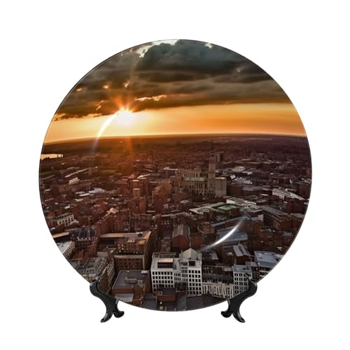 BWLHJKE Dekorativer Teller aus Knochenporzellan mit Bild, Motiv: York City Sonnenuntergang, personalisierbar, Porzellanteller mit Präsentationsständer, Keramik-Dekoteller zum Aufhängen an der Wand von BWLHJKE