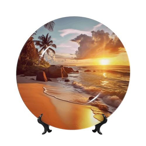 BWLHJKE Dekorativer Teller aus Knochenporzellan mit Bild, Motiv: tropischer Strand bei Sonnenuntergang, personalisierbar, Porzellanteller mit Präsentationsständer, dekorative Keramikplatte zum von BWLHJKE