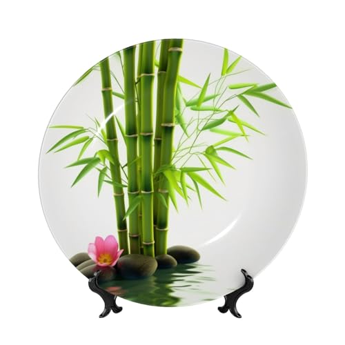 BWLHJKE Dekorativer Teller aus Knochenporzellan mit Bild, personalisierbar, mit Präsentationsständer, Keramik-Dekoteller für Wandbehang, Ornament, 15,2 cm, Grün und Blumen von BWLHJKE