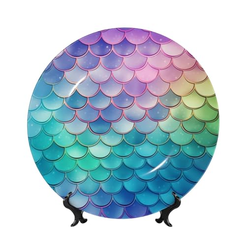 BWLHJKE Dreamy Gradient Meerjungfrau Schuppen Knochenporzellan Dekorativer Teller mit Bild Personalisierte Porzellan-Speiseteller mit Präsentationsständer, Keramik-Dekoteller für Wandbehang, Ornament von BWLHJKE