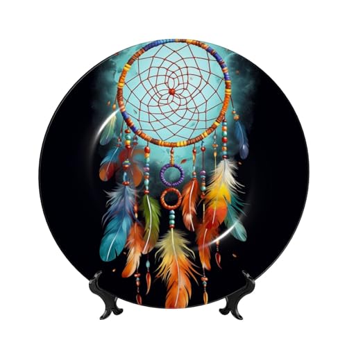 BWLHJKE Feathers Dream Catcher Dekoteller aus Knochenporzellan mit Bild, personalisierbar, Porzellanteller mit Präsentationsständer, dekorative Keramikplatte zum Aufhängen an der Wand, 20,3 cm von BWLHJKE