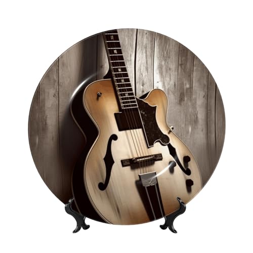 BWLHJKE Gitarrenbilder, dekorativer Teller aus Knochenporzellan, mit Bild, personalisierbar, Porzellan-Speiseteller mit Präsentationsständer, dekorative Keramikplatte für Wandbehang, Ornament, 15,2 cm von BWLHJKE