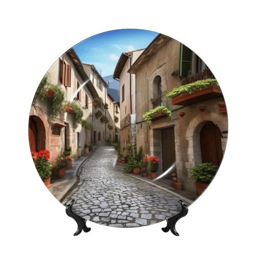 BWLHJKE Italian Town Street Dekorativer Teller aus Knochenporzellan mit Bild, personalisierbar, Porzellan-Speiseteller mit Präsentationsständer, dekorative Keramikplatte für Wandbehang, Ornament, 25,4 von BWLHJKE