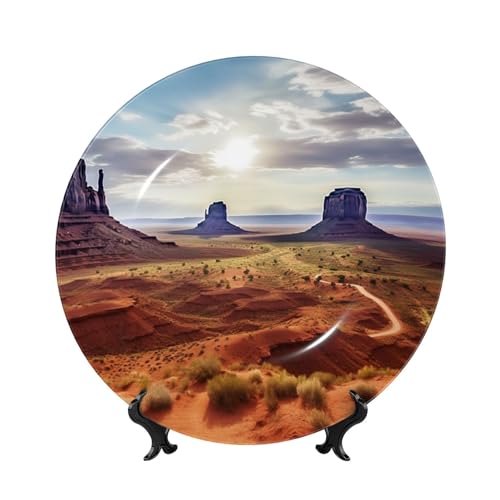 BWLHJKE Landscape of Monument Valley Dekorativer Teller aus Knochenporzellan mit Bild, personalisierte Porzellan-Speiseteller mit Präsentationsständer, Keramik-Dekoteller für Wandbehang, Ornament von BWLHJKE
