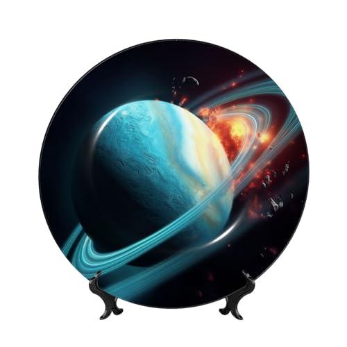 BWLHJKE Uranus Impact Dekorativer Teller aus Knochenporzellan mit Bild, personalisierbar, Porzellan-Speiseteller mit Präsentationsständer, dekorative Keramikplatte für Wandbehang, Ornament, 25,4 cm von BWLHJKE