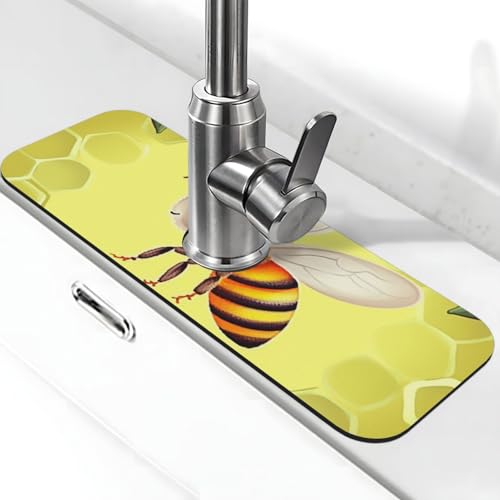 Bee in Flower Wasserhahnmatte für Küchenspüle, Spritzschutz, 14 x 38 cm, Diatomit, schnell trocknende Matte, Waschbeckenablage, super saugfähiger Wasserhahn-Saugnapf, Wasserhahngriff, Tropffänger für von BWLHJKE