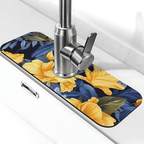 Blaue Unterlage mit gelbem Blumenmuster, für Küchenspüle, Spritzschutz, 14 x 38 cm, Kieselgur, schnell trocknende Matte, Waschbeckenablage, super saugfähiger Wasserhahn-Saugnapf, Wasserhahngriff Blaue Unterlage mit gelbem Blumenmuster, für Küchenspüle, Spritzschutz, 14 x 38 cm, Kieselgur, schnell trocknende Matte, Waschbeckenablage, super saugfähiger Wasserhahn-Saugnapf, Wasserhahngriff von BWLHJKE