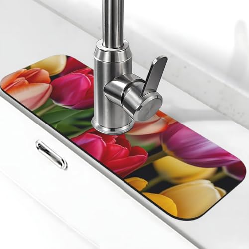 Blumen-Wasserhahn-Matte für Küchenspüle, Spritzschutz, 14 x 38 cm, Kieselgur, schnell trocknende Matte, Spülbeckenablage, super saugfähig, Saugnapf, Wasserhahngriff, Tropffänger für Küche von BWLHJKE