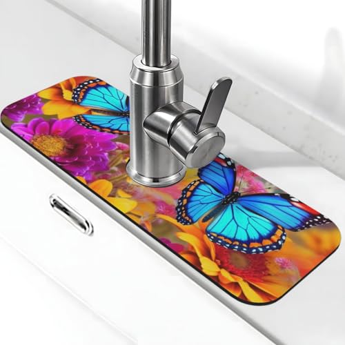 Bunte Schmetterlings-Blumen-Wasserhahnmatte für Küchenspüle, Spritzschutz, 14 x 38 cm, Diatomit, schnell trocknende Matte, Waschbeckenablage, super saugfähiger Wasserhahn-Saugnapf, Wasserhahngriff von BWLHJKE