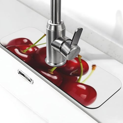 Chilenische Kirschen Wasserhahnmatte für Küchenspüle, Spritzschutz, 14 x 38 cm, Diatomit, schnell trocknende Matte, Spülbeckenablage, super saugfähiger Wasserhahn-Saugnapf, Wasserhahngriff Chilenische Kirschen Wasserhahnmatte für Küchenspüle, Spritzschutz, 14 x 38 cm, Diatomit, schnell trocknende Matte, Spülbeckenablage, super saugfähiger Wasserhahn-Saugnapf, Wasserhahngriff von BWLHJKE