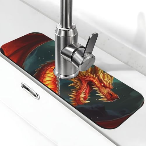 Dragon King in Fire Wasserhahn-Matte für Küchenspüle, Spritzschutz, 14 x 38 cm, Diatomit, schnell trocknende Matte, Waschbeckenablage, super saugfähiger Wasserhahn-Saugnapf, Wasserhahngriff von BWLHJKE