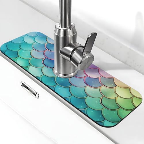 Dreamy Gradient Meerjungfrauen-Waage, Wasserhahnmatte für Küchenspüle, Spritzschutz, 14 x 38 cm, Diatomit, schnell trocknende Matte, Waschbeckenablage, super saugfähiger Wasserhahn-Saugnapf Dreamy Gradient Meerjungfrauen-Waage, Wasserhahnmatte für Küchenspüle, Spritzschutz, 14 x 38 cm, Diatomit, schnell trocknende Matte, Waschbeckenablage, super saugfähiger Wasserhahn-Saugnapf von BWLHJKE