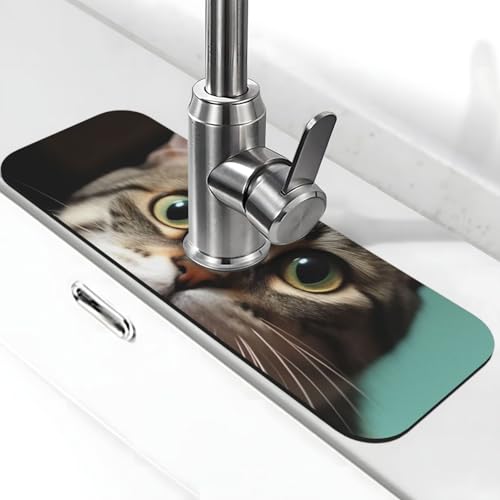 Eine neugierige Katzen-Wasserhahnmatte für Küchenspüle, Spritzschutz, 14 x 38 cm, Diatomit, schnell trocknende Matte, Waschbeckenablage, super saugfähiger Wasserhahn-Saugnapf, Wasserhahngriff Eine neugierige Katzen-Wasserhahnmatte für Küchenspüle, Spritzschutz, 14 x 38 cm, Diatomit, schnell trocknende Matte, Waschbeckenablage, super saugfähiger Wasserhahn-Saugnapf, Wasserhahngriff von BWLHJKE