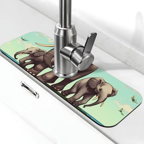 Elefanten-Wasserhahnmatte für Küchenspüle, Spritzschutz, 14 x 38 cm, Diatomit, schnell trocknende Matte, Waschbeckenablage, super saugfähiger Wasserhahn-Saugnapf, Wasserhahngriff, Tropffänger für von BWLHJKE