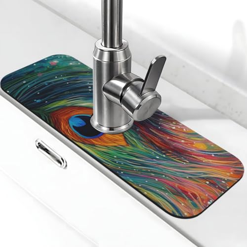 Farbige Pfauen-Wasserhahnmatte für Küchenspüle, Spritzschutz, 14 x 38 cm, Diatomit, schnell trocknende Matte, Waschbeckenablage, super saugfähiger Wasserhahn-Saugnapf, Wasserhahngriff, Tropffänger für Farbige Pfauen-Wasserhahnmatte für Küchenspüle, Spritzschutz, 14 x 38 cm, Diatomit, schnell trocknende Matte, Waschbeckenablage, super saugfähiger Wasserhahn-Saugnapf, Wasserhahngriff, Tropffänger für von BWLHJKE