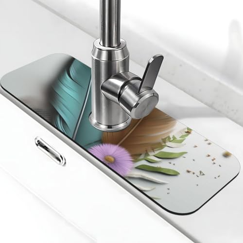 Federblumen-Wasserhahnmatte für Küchenspüle, Spritzschutz, 14 x 38 cm, Diatomit, schnell trocknende Matte, Spülbeckenablage, super saugfähiger Wasserhahn-Saugnapf, Wasserhahngriff, Tropffänger für Federblumen-Wasserhahnmatte für Küchenspüle, Spritzschutz, 14 x 38 cm, Diatomit, schnell trocknende Matte, Spülbeckenablage, super saugfähiger Wasserhahn-Saugnapf, Wasserhahngriff, Tropffänger für von BWLHJKE