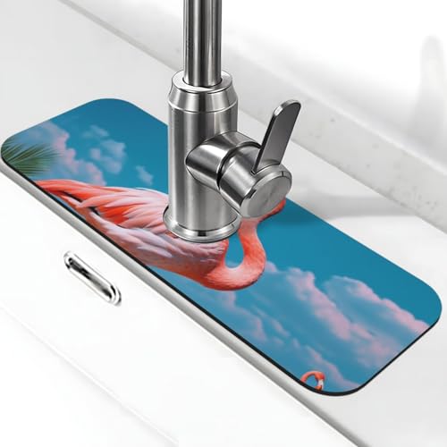 Flamingo in Wasserhahnmatte für Küchenspüle, Spritzschutz, 14 x 38 cm, Kieselgur, schnell trocknende Matte, Waschbeckenablage, super saugfähiger Wasserhahn-Saugnapf, Wasserhahngriff, Tropffänger für von BWLHJKE