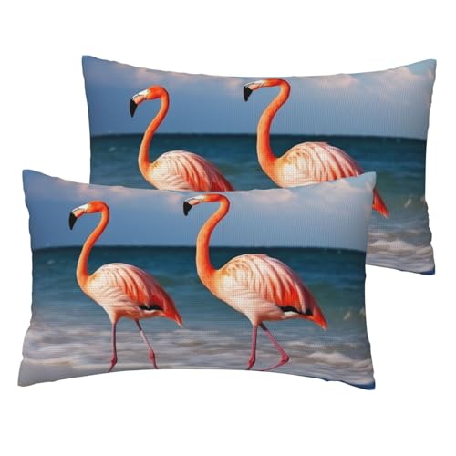 Französische Leinen-Kissenbezüge, 2er-Set, Flamingo-Motiv "Walking on the Beach", Standardgröße, 30,5 x 50,8 cm, atmungsaktiv und kühlend, für alle Jahreszeiten, weiche Kissenbezüge mit Reißverschluss Französische Leinen-Kissenbezüge, 2er-Set, Flamingo-Motiv "Walking on the Beach", Standardgröße, 30,5 x 50,8 cm, atmungsaktiv und kühlend, für alle Jahreszeiten, weiche Kissenbezüge mit Reißverschluss von BWLHJKE