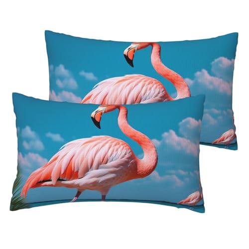 Französische Leinen-Kissenbezüge, 2er-Set, Flamingo im Wasser, Standardgröße 30,5 x 50,8 cm, atmungsaktiv und kühlend, für alle Jahreszeiten, weiche Kissenbezüge mit Reißverschluss von BWLHJKE
