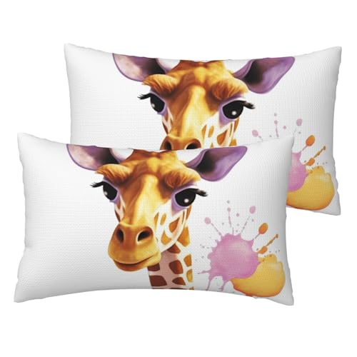 Französische Leinen-Kissenbezüge, 2er-Set, Giraffen-Kissenbezüge, Standardgröße 30,5 x 50,8 cm, atmungsaktiv und kühlend, für alle Jahreszeiten, weiche Kissenbezüge mit Reißverschluss von BWLHJKE