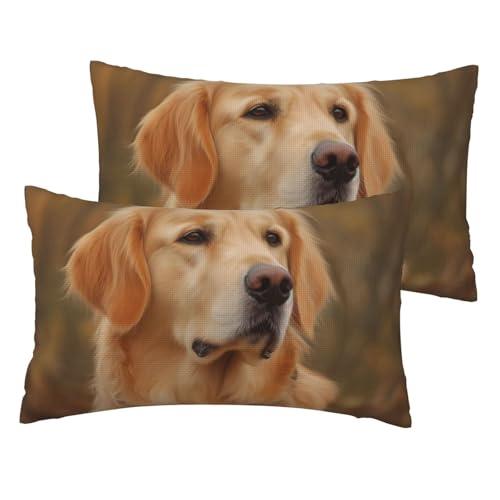 Französische Leinen-Kissenbezüge, 2er-Set, Golden Retriever, Standardgröße, 30,5 x 50,8 cm, atmungsaktiv und kühlend, für alle Jahreszeiten, weiche Kissenbezüge mit Reißverschluss von BWLHJKE