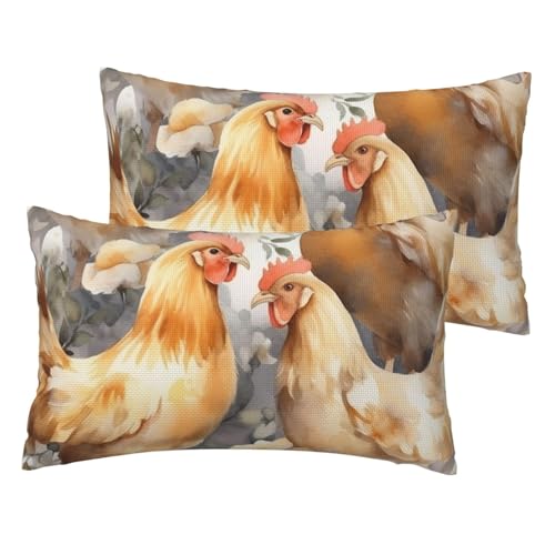 Französische Leinen-Kissenbezüge, 2er-Set, Hühner-Ente, Standardgröße 30,5 x 50,8 cm, atmungsaktiv und kühlend, für alle Jahreszeiten, weiche Kissenbezüge mit Reißverschluss von BWLHJKE