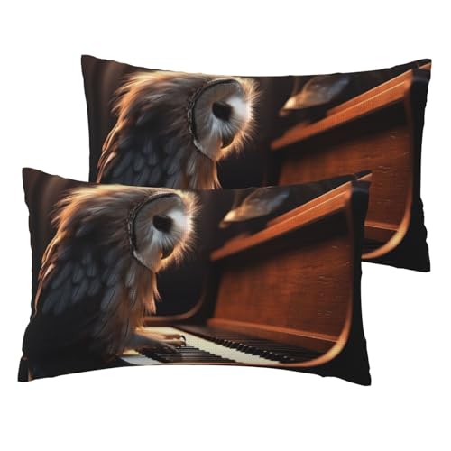 Französische Leinen-Kissenbezüge, 2er-Set, Motiv: Eule spielt Klavier, Standardgröße 30,5 x 50,8 cm, atmungsaktiv und kühlend, für alle Jahreszeiten, weiche Kissenbezüge mit Reißverschluss von BWLHJKE