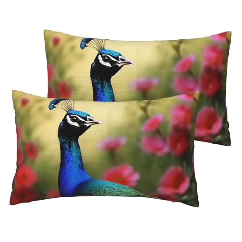Französische Leinen-Kissenbezüge, 2er-Set, Pfauenblumen, Standardgröße, 30,5 x 50,8 cm, atmungsaktiv und kühlend, für alle Jahreszeiten, weiche Kissenbezüge mit Reißverschluss von BWLHJKE