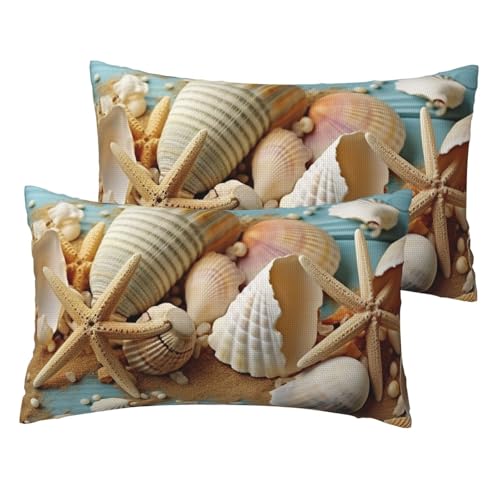 Französische Leinen-Kissenbezüge, 2er-Set, Strand-Thema, Muscheln, Standardgröße, 30,5 x 50,8 cm, atmungsaktiv und kühlend, für alle Jahreszeiten, weiche Kissenbezüge mit Reißverschluss von BWLHJKE