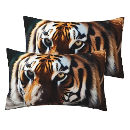 Französische Leinen-Kissenbezüge, 2er-Set, Wildtier-Tiger-Kissenbezüge, Standardgröße 30,5 x 50,8 cm, atmungsaktiv und kühlend, für alle Jahreszeiten, weiche Kissenbezüge mit Reißverschluss von BWLHJKE