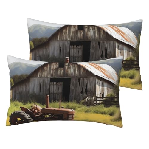 Französische Leinen-Kissenbezüge, 2er-Set, alte Holzscheune mit verrostetem Traktor, Standardgröße, 30,5 x 50,8 cm, atmungsaktiv und kühlend, für alle Jahreszeiten, weiche Kissenbezüge mit von BWLHJKE