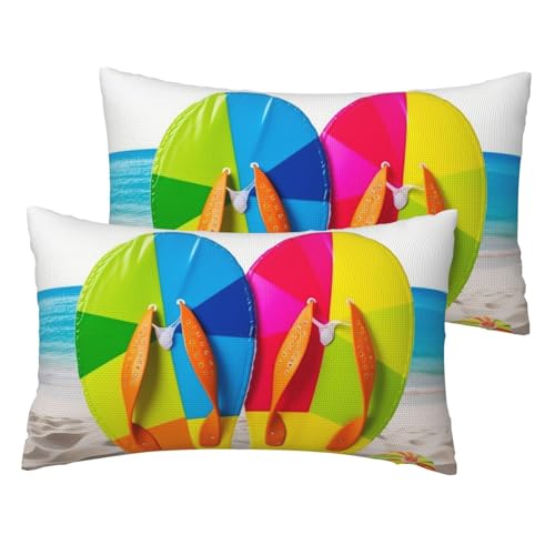 Französische Leinen-Kissenbezüge, 2er-Set, bunte Flip-Flops, Strandball-Kissenbezüge, Standardgröße 30,5 x 50,8 cm, atmungsaktiv und kühlend, für alle Jahreszeiten, weiche Kissenbezüge mit von BWLHJKE