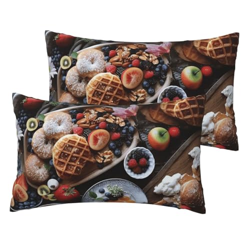 Französische Leinen-Kissenbezüge, 2er-Set, schöne Frühstücks-Kissenbezüge, Standardgröße 30,5 x 50,8 cm, atmungsaktiv und kühlend, für alle Jahreszeiten, weiche Kissenbezüge mit Reißverschluss von BWLHJKE
